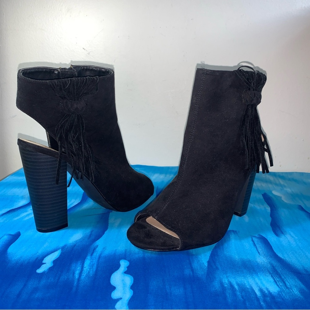 JustFab Zenna Black Suede Fringe Heeled Boots